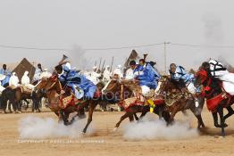 Image du Maroc Professionnelle de  Course typiquement marocaine dite ''la Fantasia'' organisé dans un site désertique sur lequel la ville de Tan Tan a toujours accueilli la majorité des tribus et des grandes familles nomades du désert lors d'un grand moussem, Samedi 24 Mars 2012. (Photo / Abdeljalil Bounhar)

 